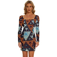 Fractal Triangle Geometric Abstract Pattern Long Sleeve Square Neck Bodycon Velvet Dress