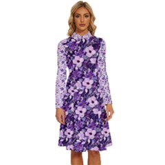 Purple Flowers 001 Purple Flowers 02 Long Sleeve Shirt Collar A-line Dress