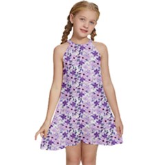 Purple Flowers 001 Kids  Halter Collar Waist Tie Chiffon Dress