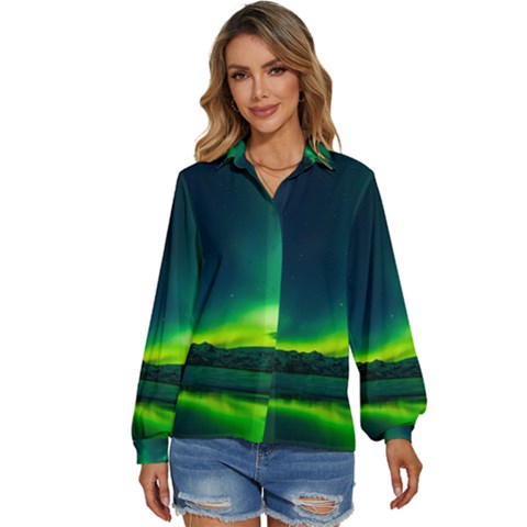 Iceland Aurora Borealis Women s Long Sleeve Button Up Shirt by Proyonanggan