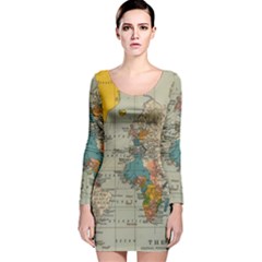 Vintage World Map Long Sleeve Velvet Bodycon Dress