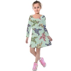 Berries Flowers Pattern Print Kids  Long Sleeve Velvet Dress