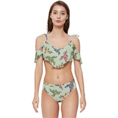 Berries Flowers Pattern Print Ruffle Edge Tie Up Bikini Set	