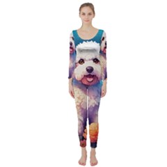 Cute Puppy With Flowers Long Sleeve Catsuit