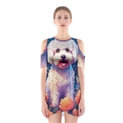 Cute Puppy With Flowers Shoulder Cutout One Piece Dress