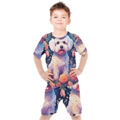 Cute Puppy With Flowers Kids  T-shirt And Shorts Set