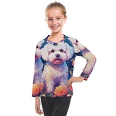 Cute Puppy With Flowers Kids  Long Mesh T-shirt