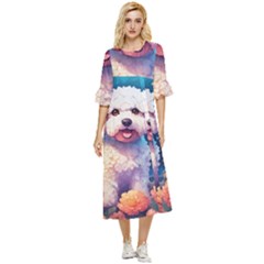 Cute Puppy With Flowers Double Cuff Midi Dress