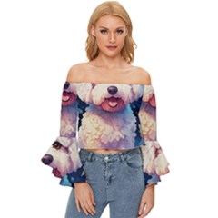 Cute Puppy With Flowers Off Shoulder Flutter Bell Sleeve Top