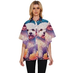 Cute Puppy With Flowers Women s Batwing Button Up Shirt