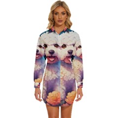 Cute Puppy With Flowers Womens Long Sleeve Shirt Dress