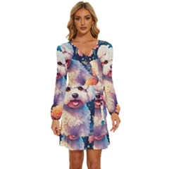 Cute Puppy With Flowers Long Sleeve Waist Tie Ruffle Velvet Dress