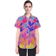 Pink And Blue Floral Women s Short Sleeve Shirt