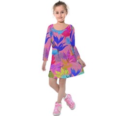 Pink And Blue Floral Kids  Long Sleeve Velvet Dress