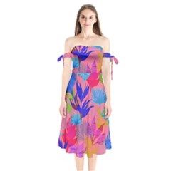 Pink And Blue Floral Shoulder Tie Bardot Midi Dress
