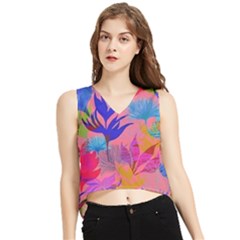 Pink And Blue Floral V-neck Cropped Tank Top