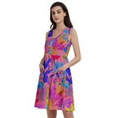 Pink And Blue Floral Sleeveless Dress With Pocket