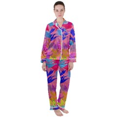 Pink And Blue Floral Women s Long Sleeve Satin Pajamas Set	