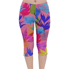 Pink And Blue Floral Velvet Capri Leggings 