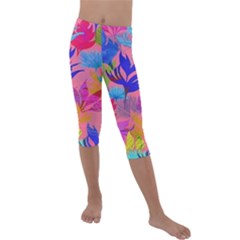 Pink And Blue Floral Kids  Lightweight Velour Capri Leggings 