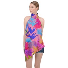 Pink And Blue Floral Halter Asymmetric Satin Top