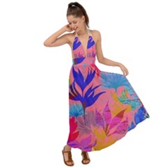 Pink And Blue Floral Backless Maxi Beach Dress