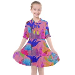 Pink And Blue Floral Kids  All Frills Chiffon Dress