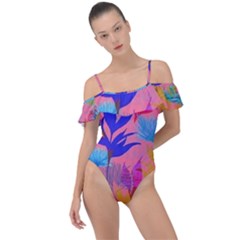 Pink And Blue Floral Frill Detail One Piece Swimsuit