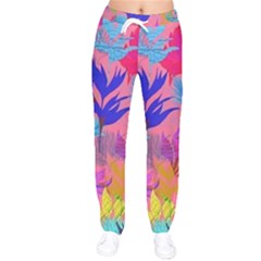 Pink And Blue Floral Women Velvet Drawstring Pants