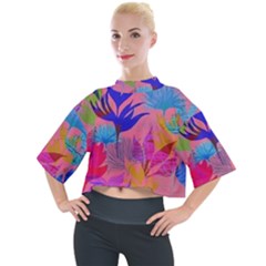 Pink And Blue Floral Mock Neck T-shirt