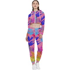 Pink And Blue Floral Cropped Zip Up Lounge Set