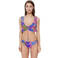 Pink And Blue Floral Low Cut Ruffle Edge Bikini Set