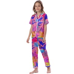 Pink And Blue Floral Kids  Satin Short Sleeve Pajamas Set