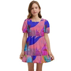 Pink And Blue Floral Kids  Short Sleeve Dolly Dress