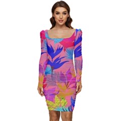 Pink And Blue Floral Women Long Sleeve Ruched Stretch Jersey Dress