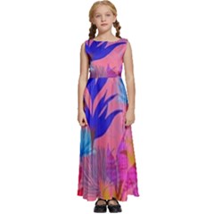Pink And Blue Floral Kids  Satin Sleeveless Maxi Dress