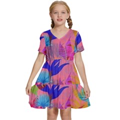 Pink And Blue Floral Kids  Short Sleeve Tiered Mini Dress