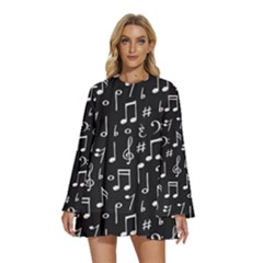 Chalk Music Notes Signs Seamless Pattern Round Neck Long Sleeve Bohemian Style Chiffon Mini Dress