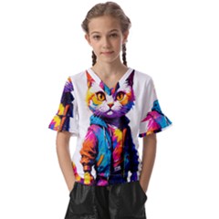 Wild Cat Kids  V-neck Horn Sleeve Blouse by Sosodesigns19