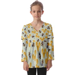 Bees Pattern Honey Bee Bug Honeycomb Honey Beehive Kids  V Neck Casual Top