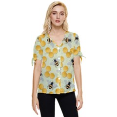 Bees Pattern Honey Bee Bug Honeycomb Honey Beehive Bow Sleeve Button Up Top