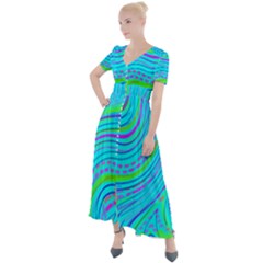 Pattern Swirl Pink Green Aqua Button Up Short Sleeve Maxi Dress