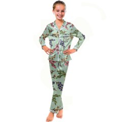 Berries Flowers Pattern Print Kids  Satin Long Sleeve Pajamas Set by Maspions