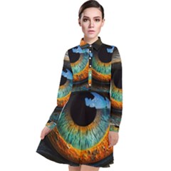 Eye Bird Feathers Vibrant Long Sleeve Chiffon Shirt Dress