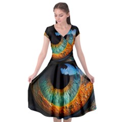 Eye Bird Feathers Vibrant Cap Sleeve Wrap Front Dress