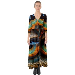 Eye Bird Feathers Vibrant Button Up Boho Maxi Dress