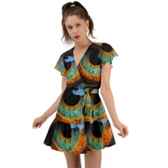 Eye Bird Feathers Vibrant Flutter Sleeve Wrap Dress