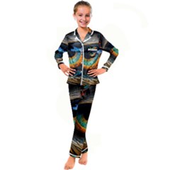 Eye Bird Feathers Vibrant Kids  Satin Long Sleeve Pajamas Set