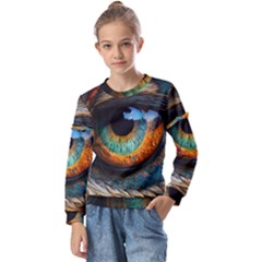 Eye Bird Feathers Vibrant Kids  Long Sleeve T-shirt With Frill 