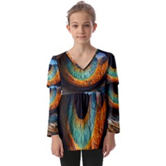 Eye Bird Feathers Vibrant Kids  V Neck Casual Top
